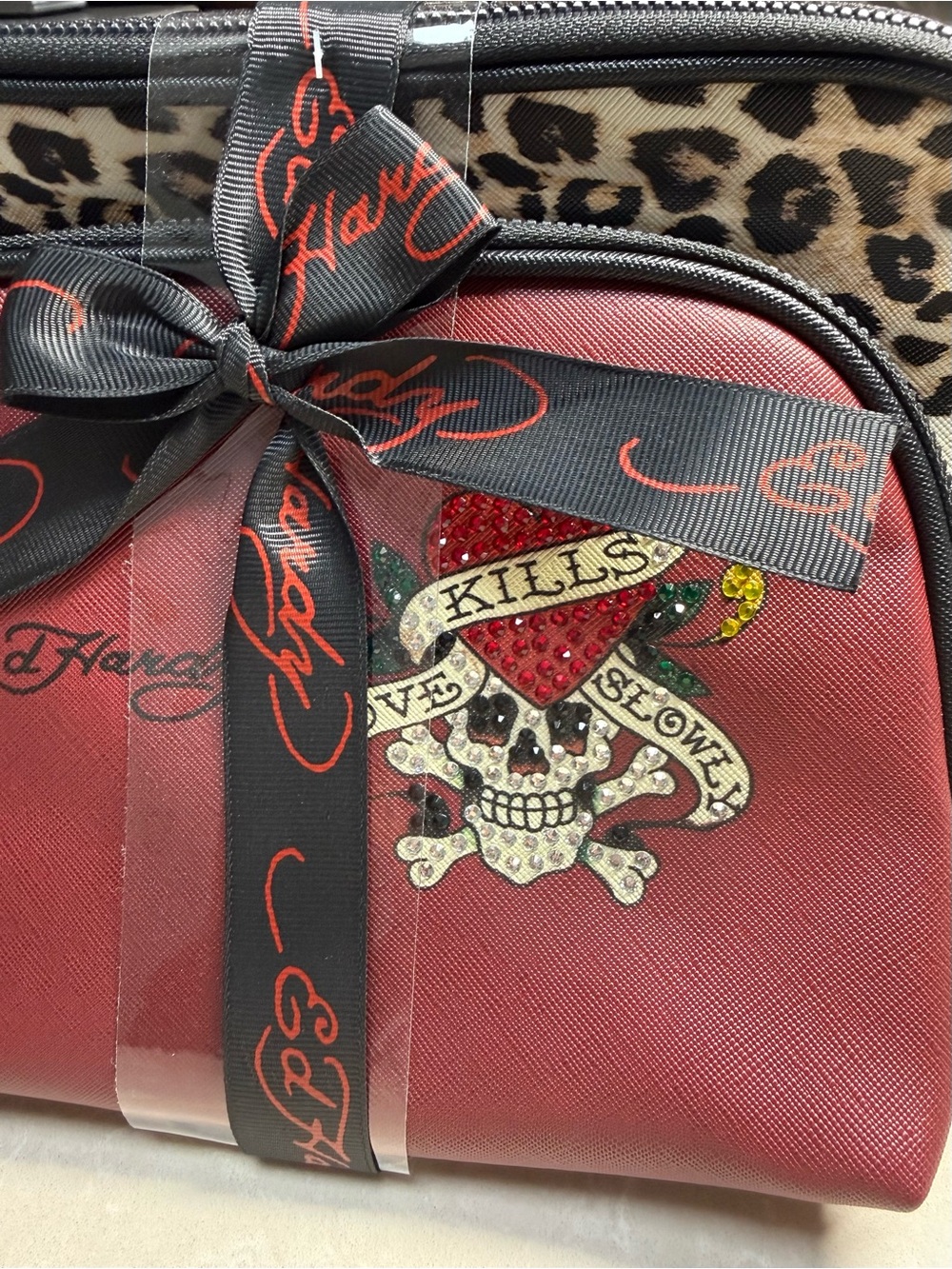 Ed Hardy Two Piece Cosmetic Bag Set -bold red & leopard design, skull, heart NWT - Picture 6 of 11